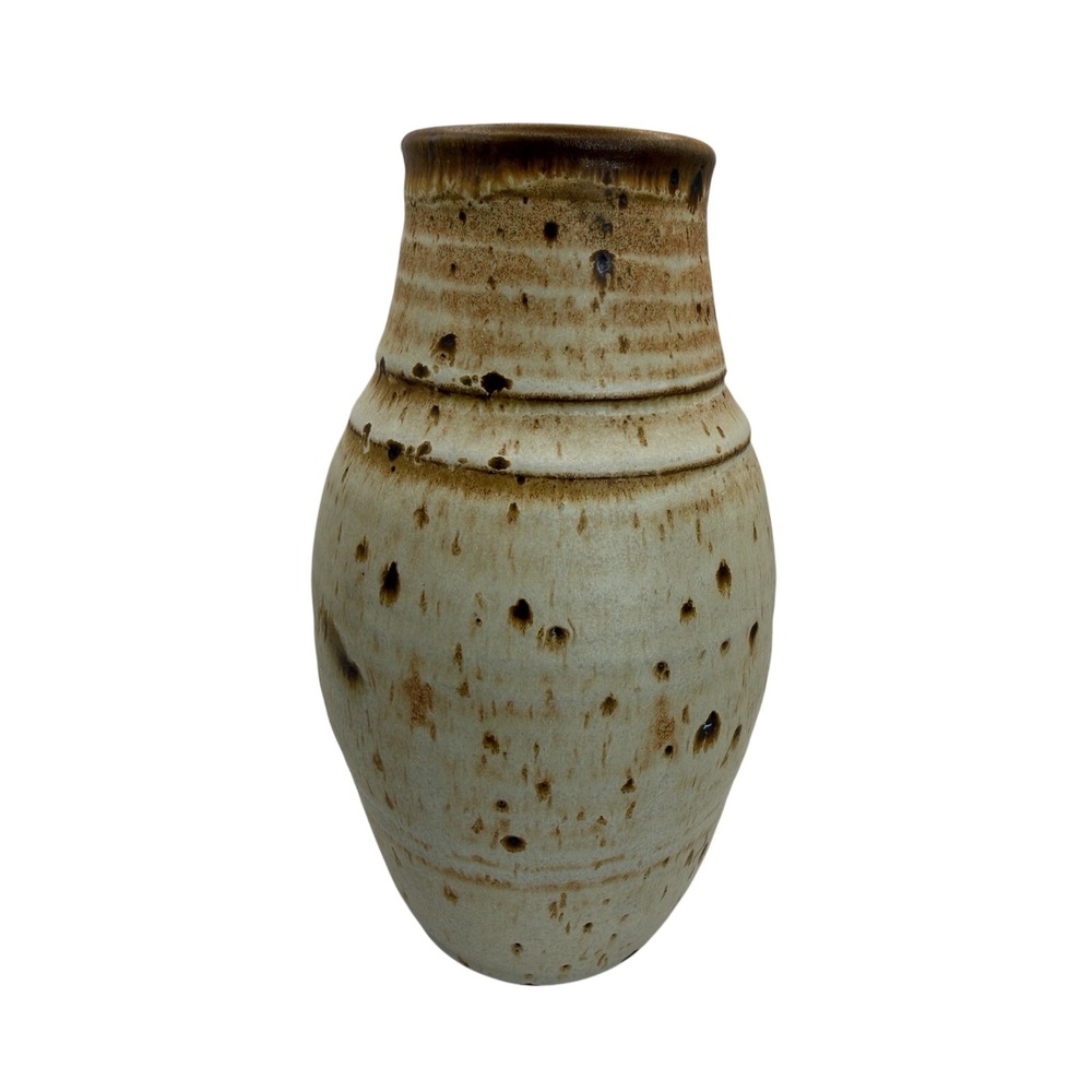 Signed Studio Art Pottery Vase 9.75" Hand Thrown Speckled Drip Glaze Earthy